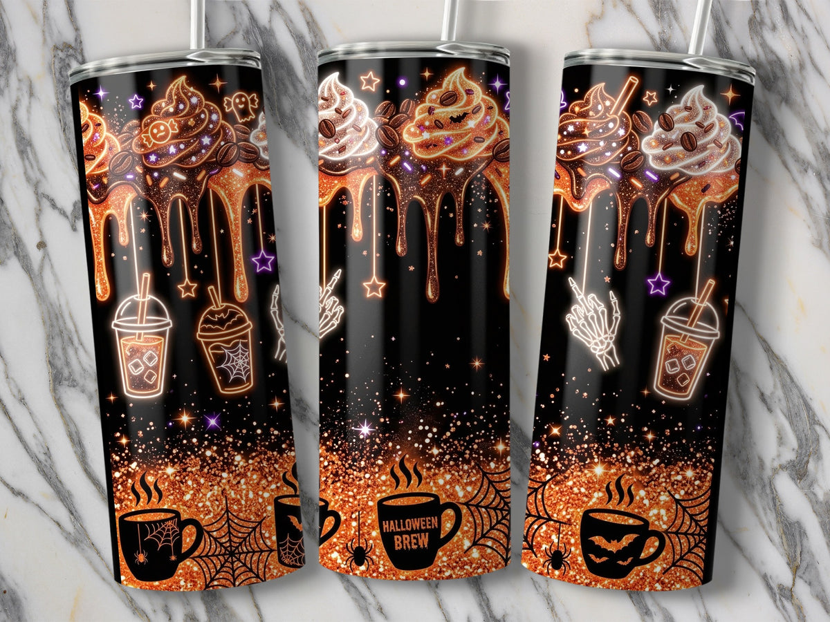 Halloween themed tumblers with dripping coffee, cups, and bats on black and glitter background.