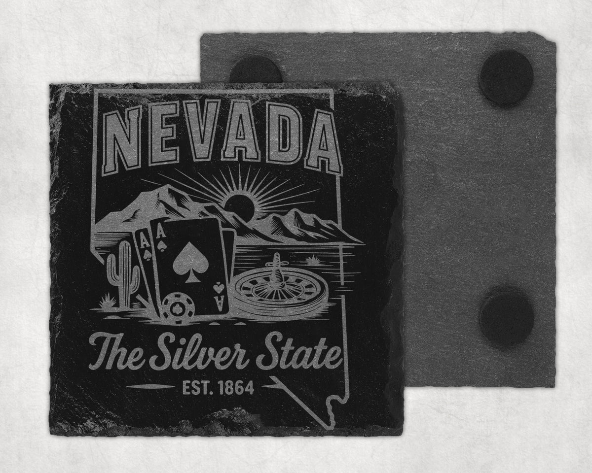 Nevada "The Silver State" coaster with playing cards, roulette, and desert landscape.
