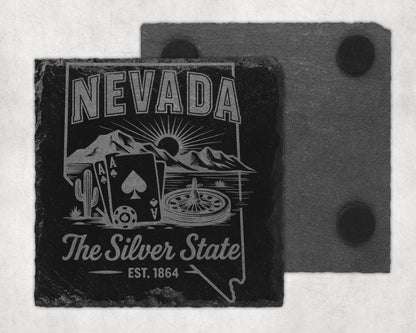 Nevada "The Silver State" coaster with playing cards, roulette, and desert landscape.