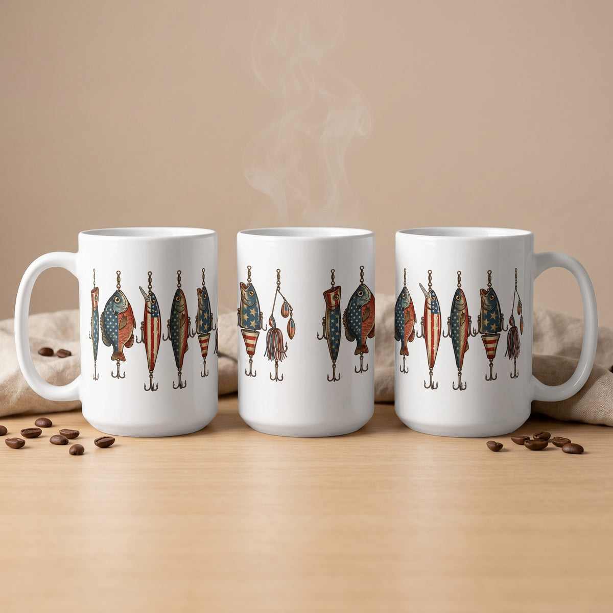 Three white mugs with fishing lures decorated with American flags.