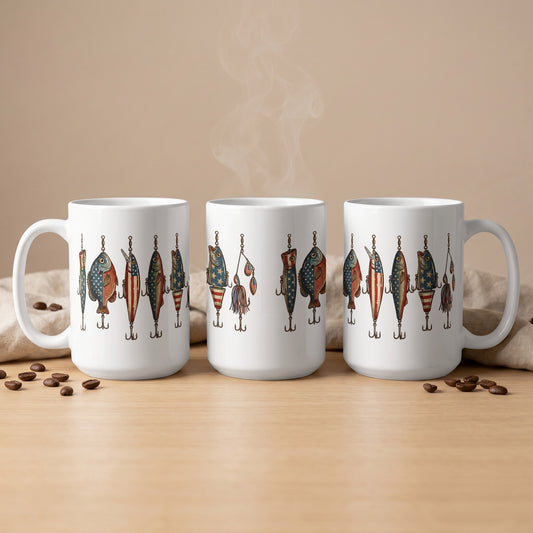 Three white mugs with fishing lures decorated with American flags.