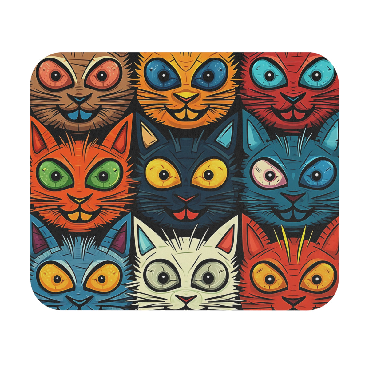 Nine cartoon cats with large, expressive eyes in a grid pattern.