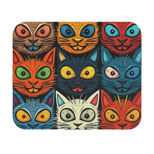 Nine cartoon cats with large, expressive eyes in a grid pattern.