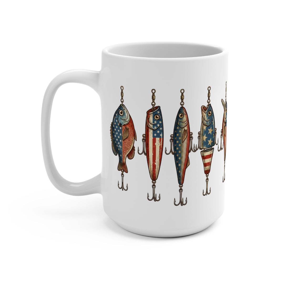 White mug with a repeating pattern of American flag fishing lures and hooks.