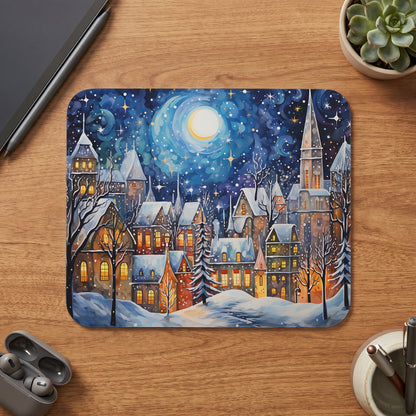 Winter village scene with moon and stars on a mousepad.