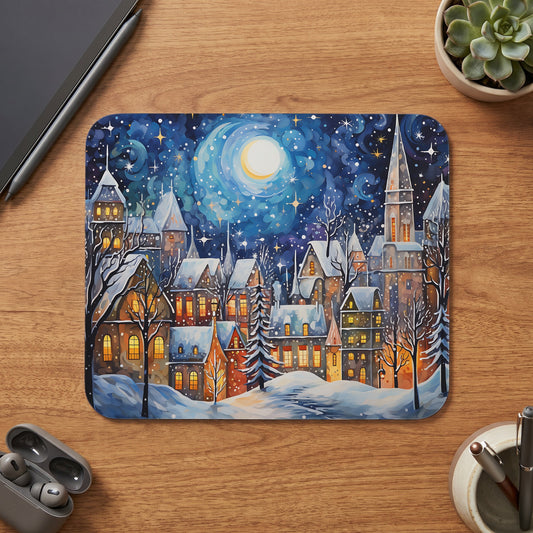 Winter village scene with moon and stars on a mousepad.