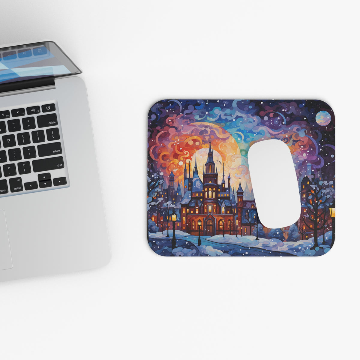 Mousepad with a whimsical winter castle scene under a colorful night sky.