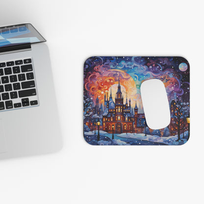Mousepad with a whimsical winter castle scene under a colorful night sky.