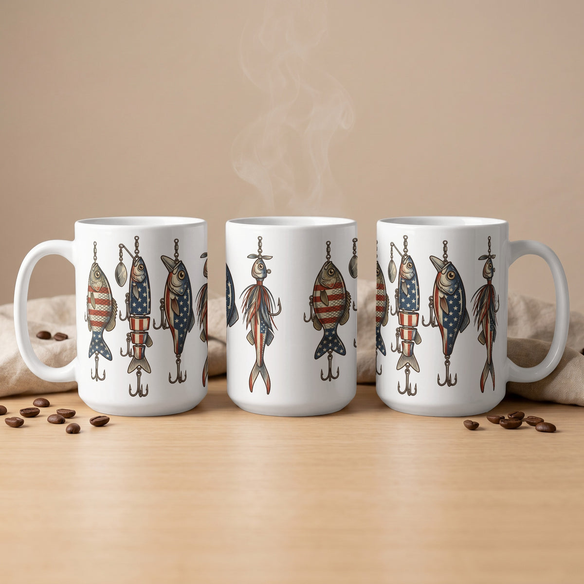 Three white mugs with American flag fishing lure patterns, steam rising from one.