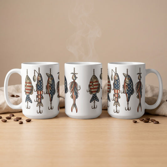 Three white mugs with American flag fishing lure patterns, steam rising from one.