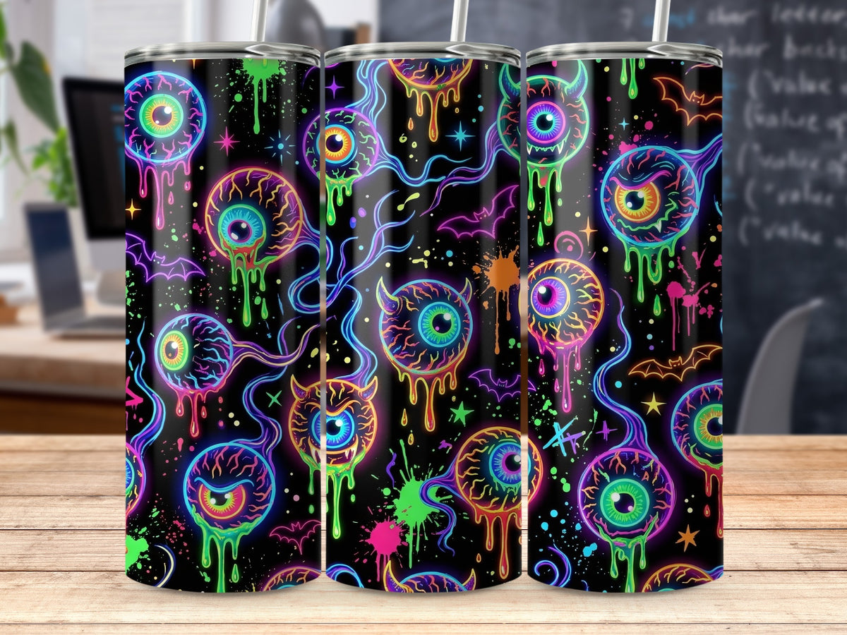 Tumbler with dripping neon eyeballs, bats, and stars on a black background.