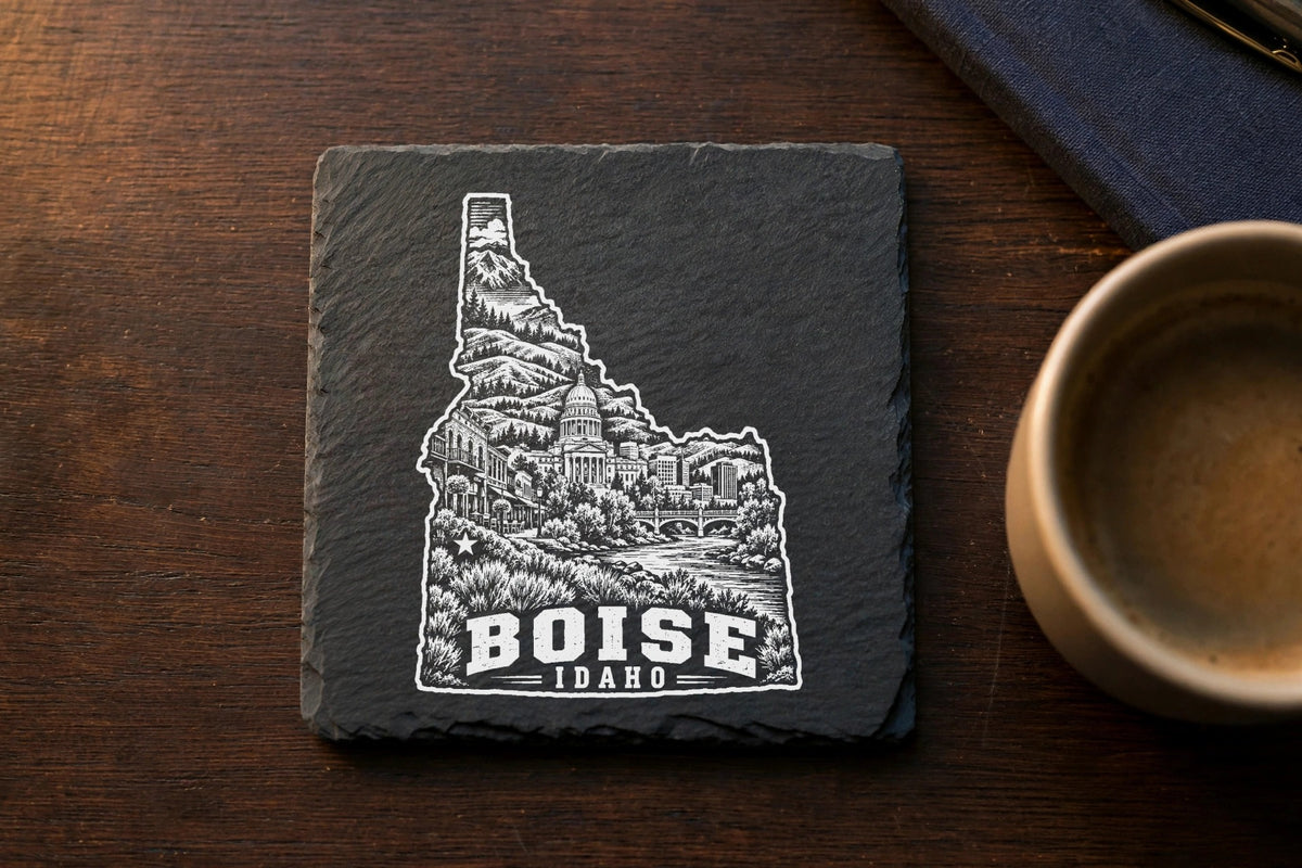 Square black slate coaster engraved with an Idaho state outline, Boise cityscape, and mountains resting on a wooden table.