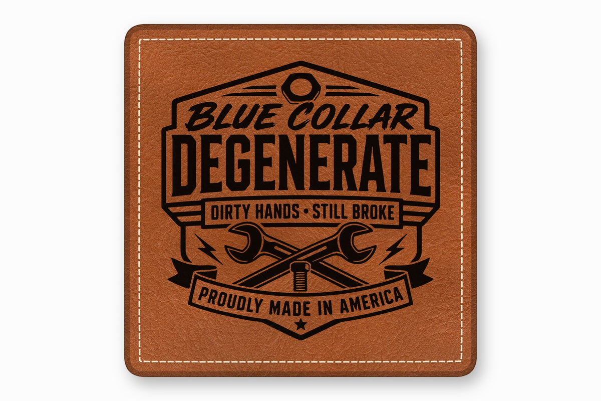 Square brown leather patch with white stitched border and black stamped blue collar degenerate text and tools.