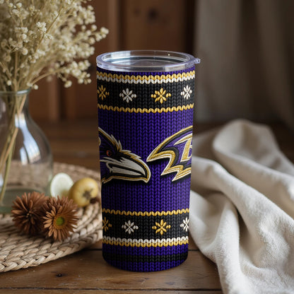 Baltimore Ravens tumbler with a knitted pattern and snowflake design.