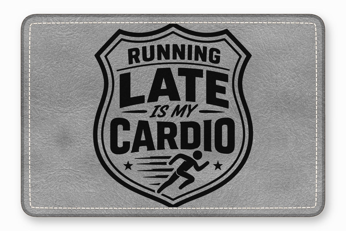 Grey leather patch with white stitching and a black emblem featuring a running figure and text.