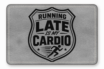 Grey leather patch with white stitching and a black emblem featuring a running figure and text.