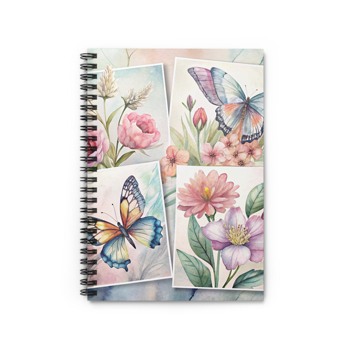Spiral-bound notebook with watercolor paintings of butterflies and flowers on the cover.