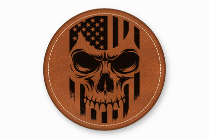 A round brown leather patch features a black distressed skull overlaying an American flag design.