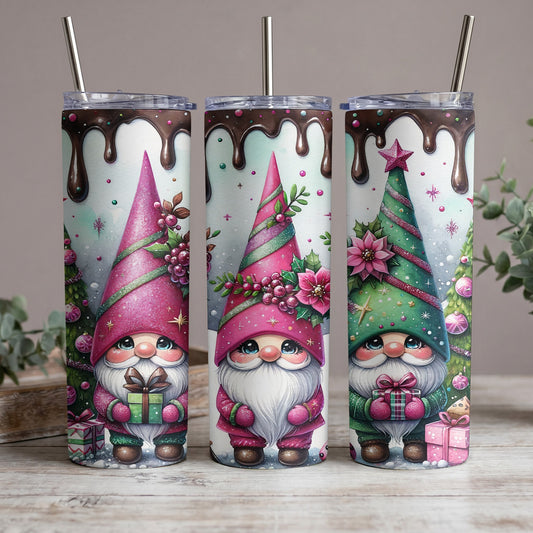 Three tumblers with holiday gnomes holding gifts, decorated with chocolate drip.