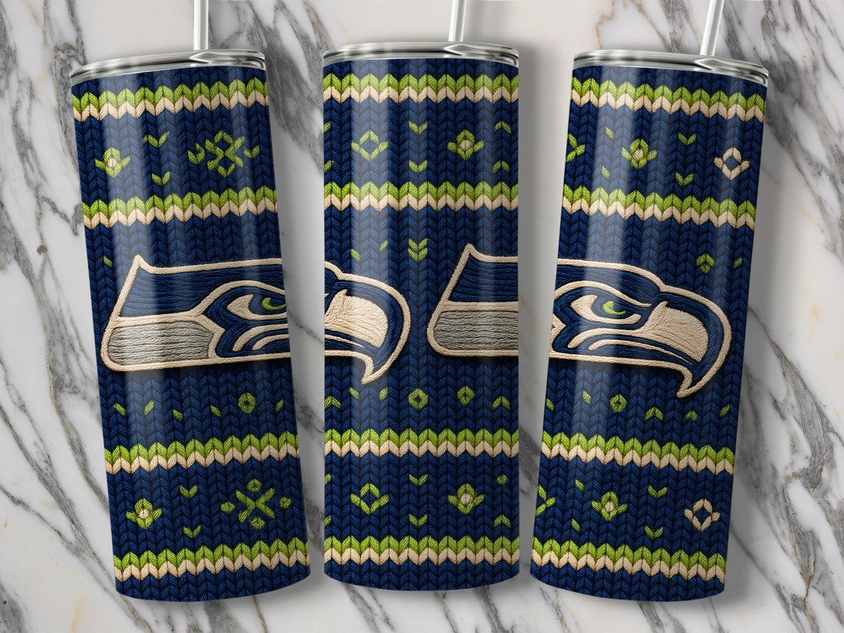 Seattle Seahawks tumbler with navy, cream, and lime green knitted pattern.