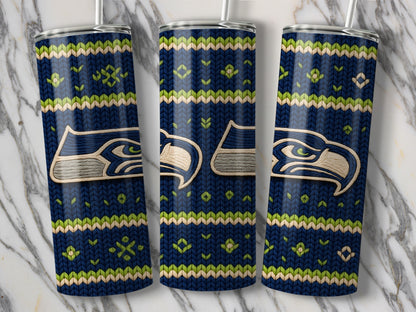 Seattle Seahawks tumbler with navy, cream, and lime green knitted pattern.