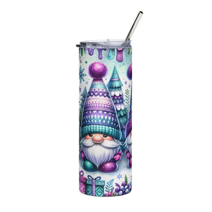 Tumbler with a watercolor gnome and winter forest design, featuring gifts.