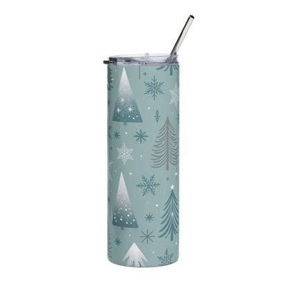 Teal tumbler with white and grey Christmas trees and snowflakes pattern.