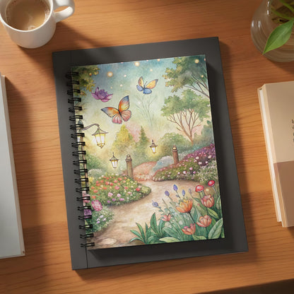 Notebook with watercolor garden scene, butterflies, and lanterns.
