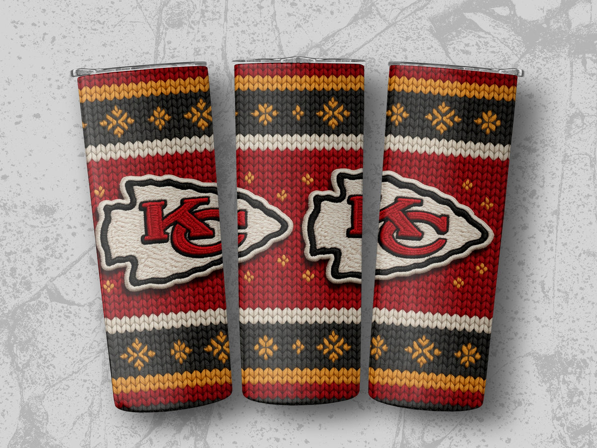 Kansas City Chiefs logo on a red, black, white, and gold knit-patterned tumbler.
