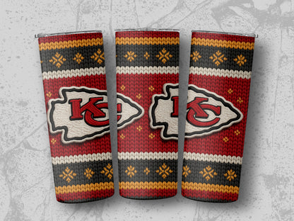 Kansas City Chiefs logo on a red, black, white, and gold knit-patterned tumbler.