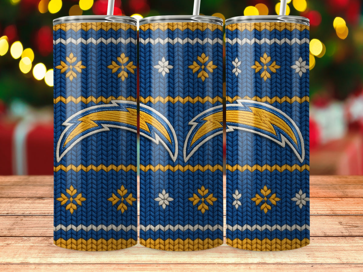 Three tumblers with Los Angeles Chargers logo and snowflake pattern.