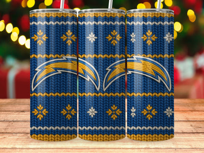 Three tumblers with Los Angeles Chargers logo and snowflake pattern.