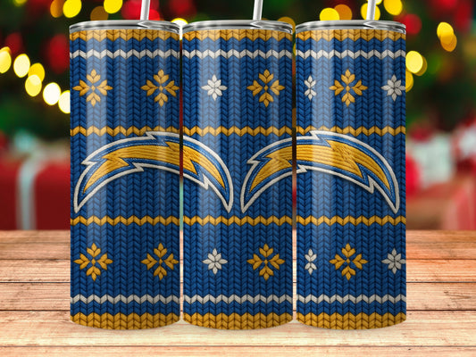 Three tumblers with Los Angeles Chargers logo and snowflake pattern.
