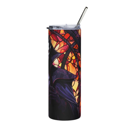Tumbler with stained glass design featuring a dark figure.