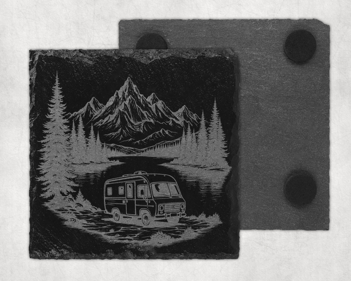 Slate coaster engraved with a vintage camper and mountain landscape scene.