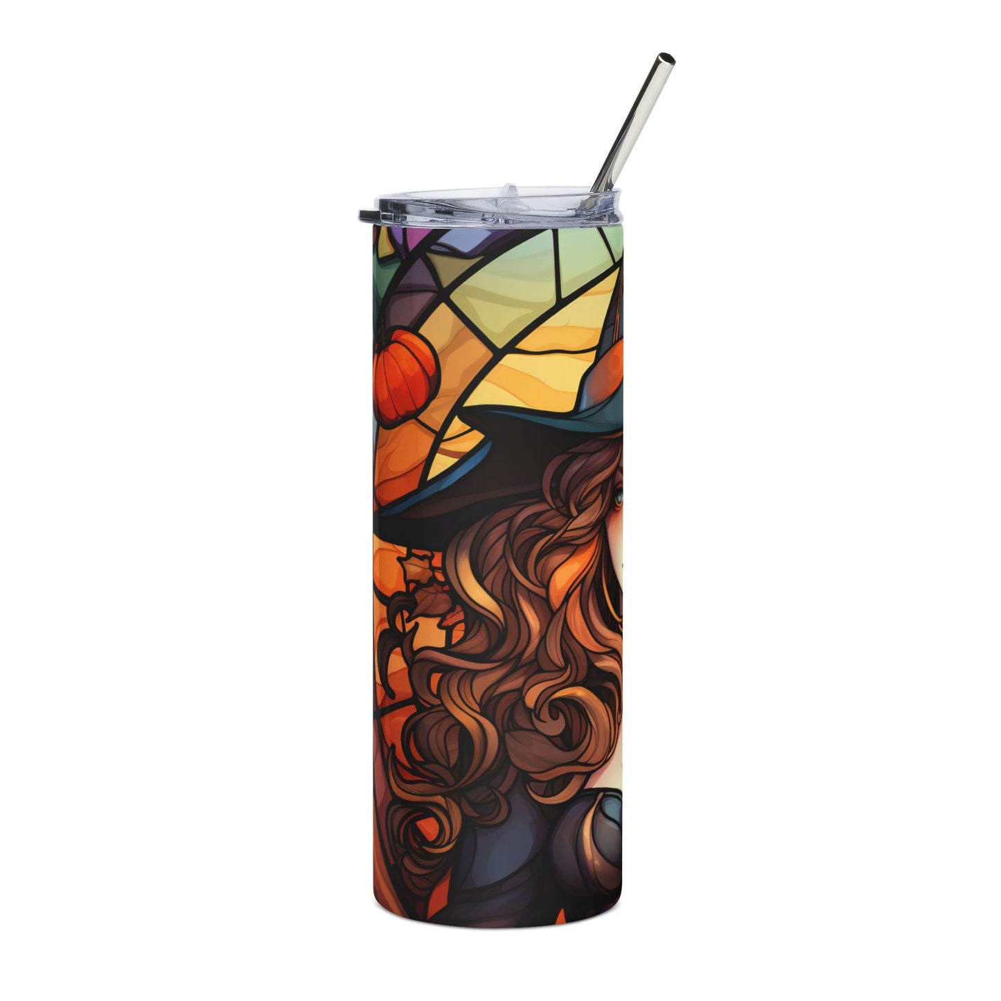 Tumbler with stained glass witch and pumpkin Halloween design, with metal straw.