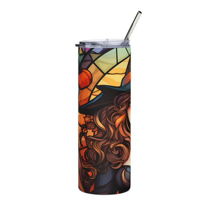 Tumbler with stained glass witch and pumpkin Halloween design, with metal straw.