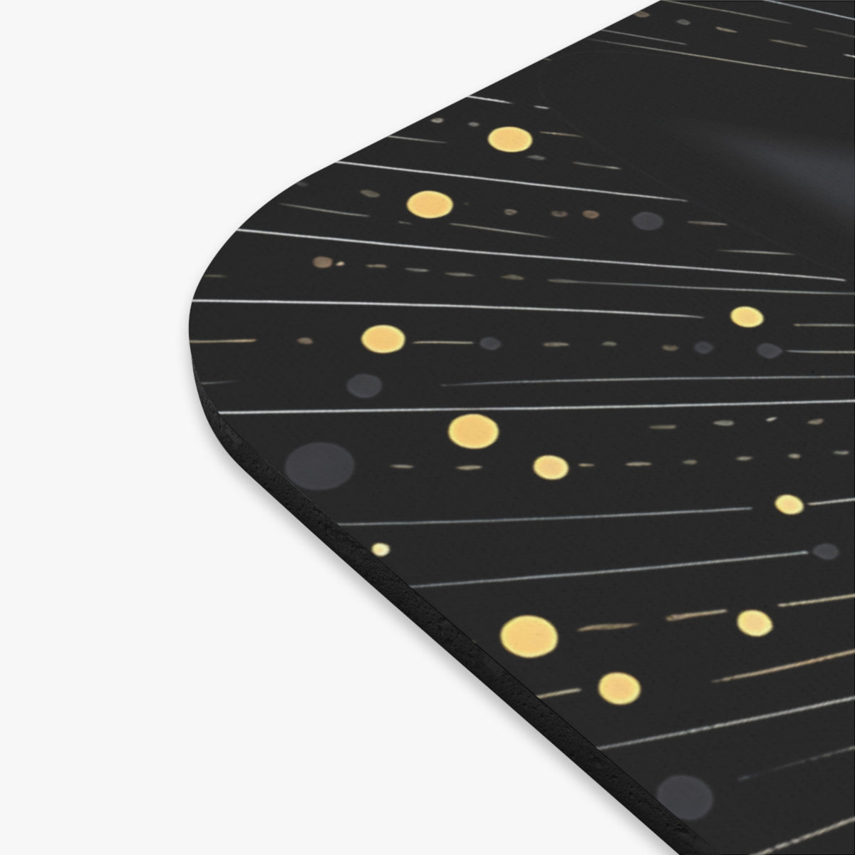 Black mat with white and gold lines and circles design.