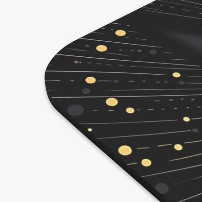 Black mat with white and gold lines and circles design.