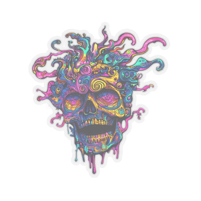Colorful abstract skull with melting drips and swirling patterns.