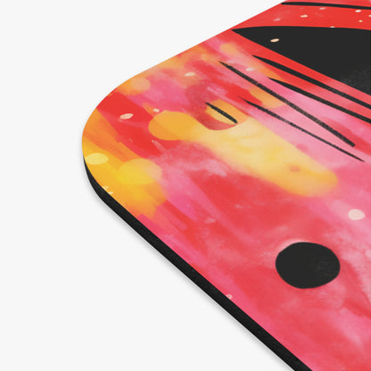 Close-up of a mousepad with an abstract watercolor design in red, orange, and black.