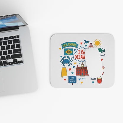 Delaware themed mousepad with state flag, crab, house, and "The First State" text.