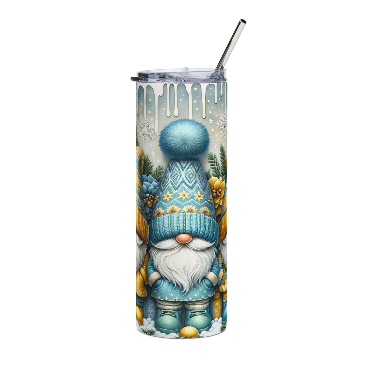 Tumbler with winter gnomes, snowflakes, and blue pom-pom hats.
