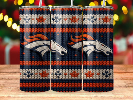 Three Broncos tumblers with a navy, orange, and white knit pattern and horse logos.
