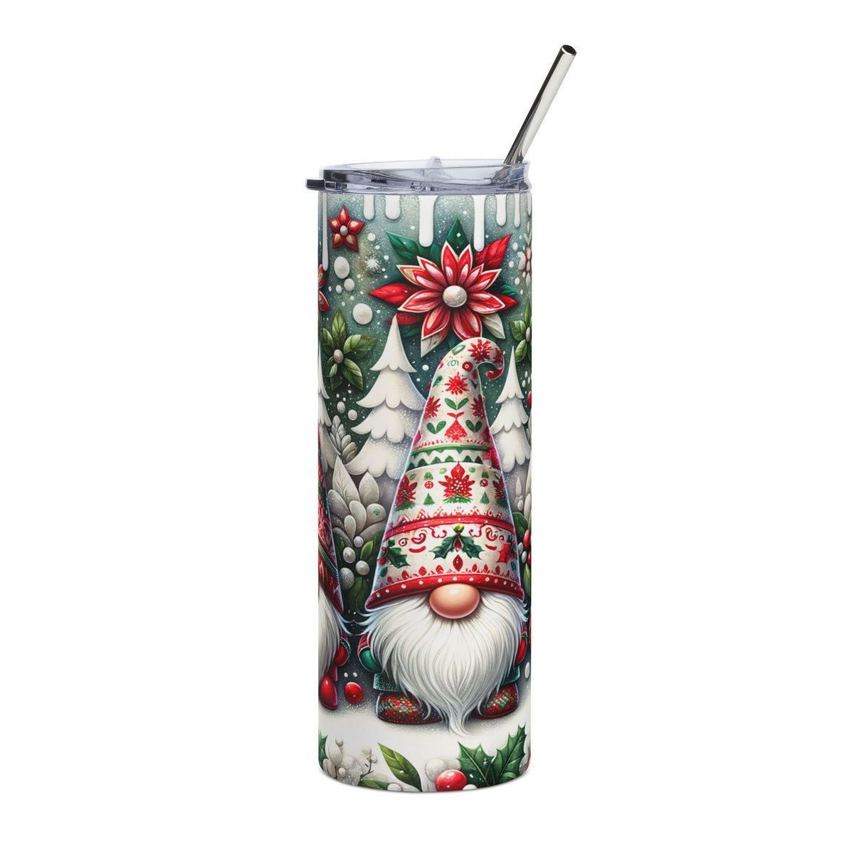 Christmas gnome tumbler with festive holiday design and metal straw.