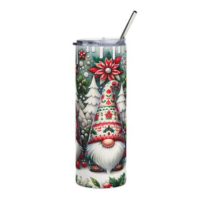 Christmas gnome tumbler with festive holiday design and metal straw.