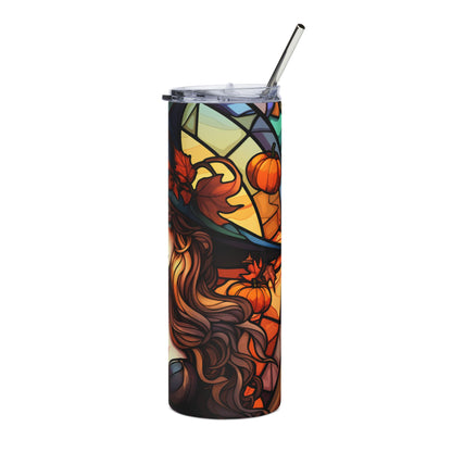 Tumbler with stained glass design of a witch, pumpkins, and autumn leaves.