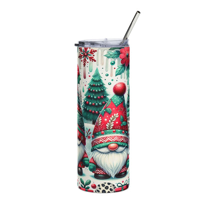 Tall tumbler with a Christmas gnome and tree pattern, including a metal straw.