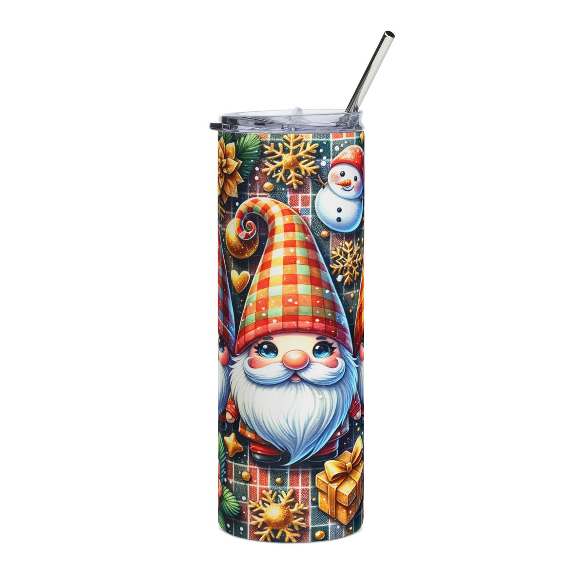 Tumbler with gnome, snowman, snowflakes, and gift holiday pattern.