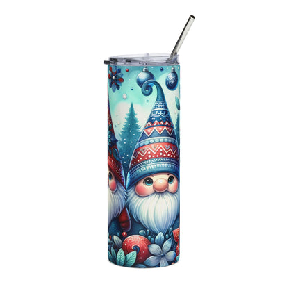 Stainless steel tumbler with a gnome and winter scene design and a metal straw.